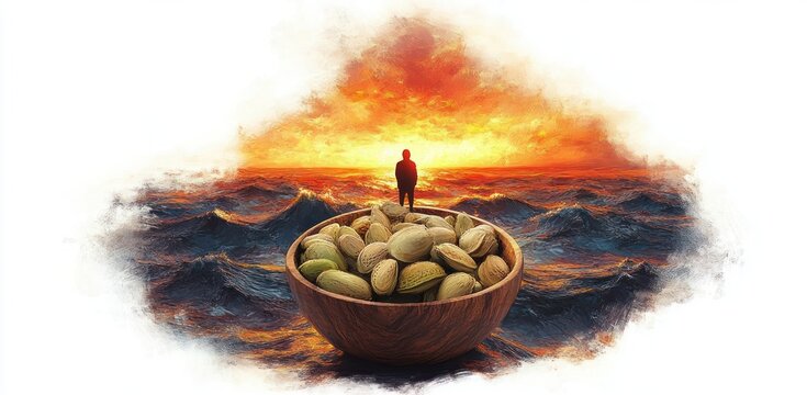 Person standing on a large wooden bowl filled with pistachios floating on turbulent ocean waves at a dramatic fiery sunset