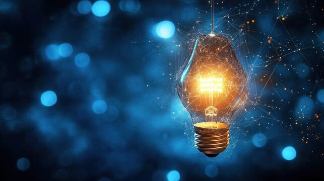 Glowing incandescent light bulb suspended in mid-air with sparks and web-like glowing connections on a dark blurred blue background