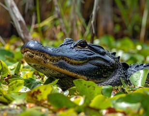 Close-up of an alligator emerging from a swamp, surrounded by green foliage