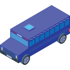 A blue isometric school bus vehicle with tinted windows and a light blue skylight on its roof against a transparent background
