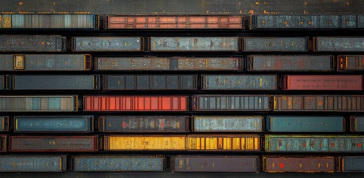 Aerial view of multiple colorful cargo train containers arranged in parallel rows with visible signs of rust and wear - Powered by Adobe