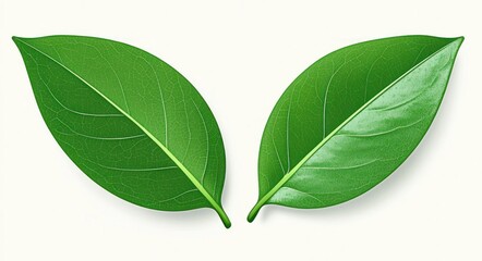 Obraz premium Two vibrant green leaves with detailed veins displayed side by side on a white background, showcasing natural texture and freshness