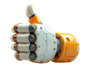 An advanced orange robotic hand giving a thumbs-up gesture of approval and success, isolated on a white background as a concept for future technology