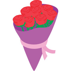 A Bouquet of Red Roses Wrapped in Purple Paper Tied with a Pink Ribbon Isolated on a Transparent Background