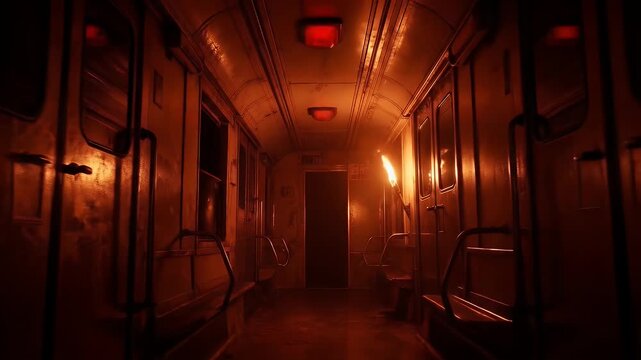 Torch lit interior train car dramatic lighting and moody atmosphere