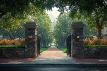 Sunlit open wrought iron gates flanked by stone pillars leading to a tree-lined brick pathway surrounded by lush greenery and well-maintained gardens on a peaceful morning