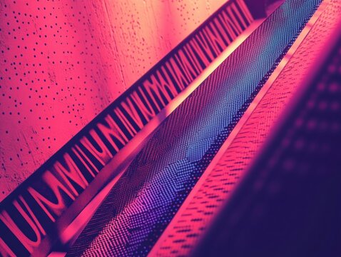 Close-up of perforated metal panels illuminated with vibrant pink and purple lighting creating a futuristic and abstract atmosphere