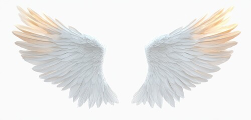 Pair of large white angel wings with soft warm light highlighting feather tips on a plain white background, evoking purity and serenity