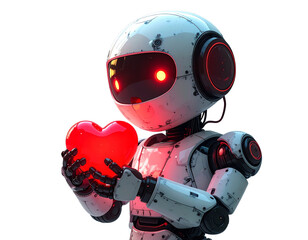 A charming vintage-style robot with glowing red eyes holds a luminous heart, symbolizing artificial intelligence and love
