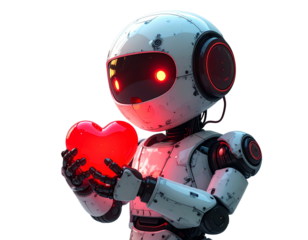 A charming vintage-style robot with glowing red eyes holds a luminous heart, symbolizing artificial intelligence and love