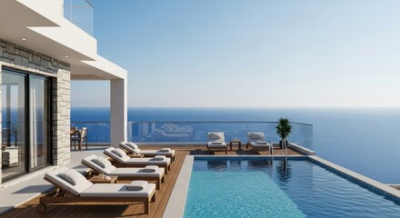 Luxurious modern villa with pool overlooking vast ocean, sunbeds, and clear blue sky