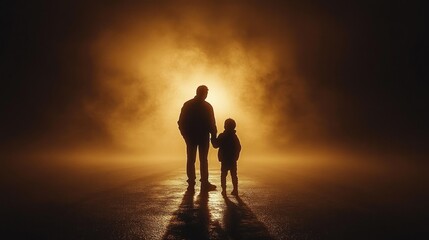 Silhouettes of adult and child holding hands walking on wet ground with glowing light and misty fog in the background, evoking warmth and protection