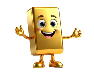 A cheerful and friendly 3D cartoon gold bar character mascot with a big smile, standing with open arms, isolated on a white background