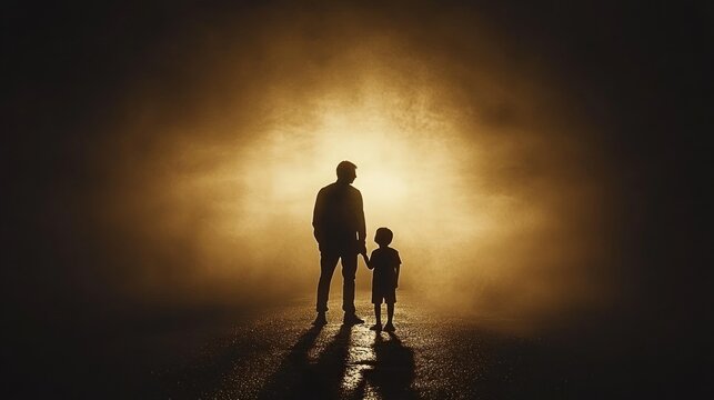 silhouette of an adult and child holding hands walking towards a bright glowing light on a foggy pathway evoking a sense of guidance and warmth