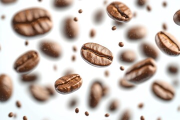 Close-up view of multiple floating roasted coffee beans with a light background evoking freshness and energy