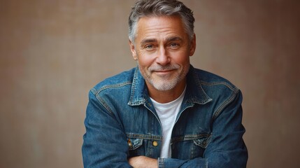Smiling middle-aged man with gray hair and beard wearing a blue denim jacket and white t-shirt against a plain brown background, expressing warmth and confidence