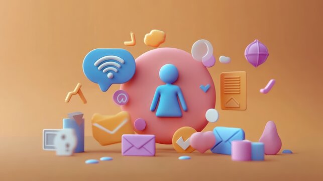 Colorful 3D icons representing communication, technology, and social connectivity around a person symbol on a warm brown background