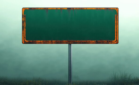 Empty rectangular green road sign with rusted orange border standing on a metal pole in foggy, grassy environment creating a mysterious and abandoned atmosphere