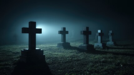 Eerie Graveyard Scene with Dark Stone Crosses Under Mysterious Misty Fog at Night