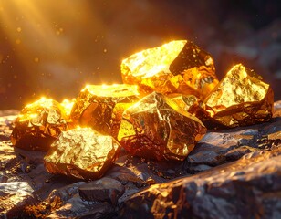 Close-up of golden nuggets illuminated by sunlight on a rough rock surface