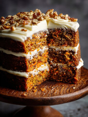 Carrot cake with cream cheese frosting and chopped walnuts on top is displayed on wooden cake stand. cake is sliced to reveal its moist texture and vibrant orange carrot shreds