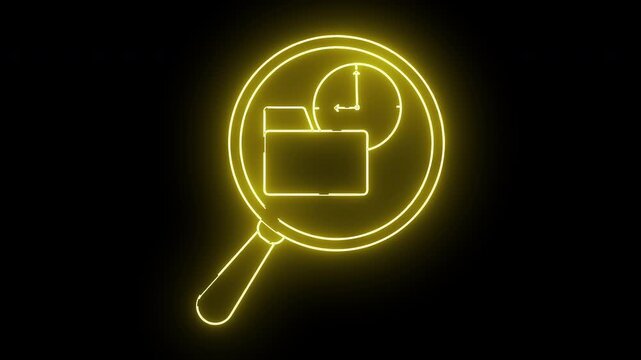 Yellow neon magnifying glass reveals a folder and clock on a black background