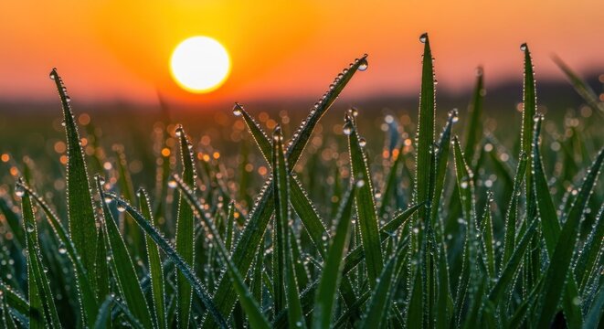 Close-up of dewy grass blades at dawn with bright orange sun in the background - Powered by Adobe