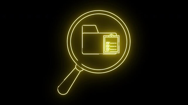 Yellow neon magnifying glass over folder with a checklist on a black background