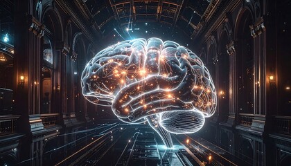 A luminous, connected digital brain floats in a dark, futuristic architectural hall.