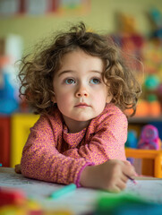 Young child with curly hair sits at table, holding crayon, surrounded by colorful toys and drawings, in bright and cheerful classroom setting