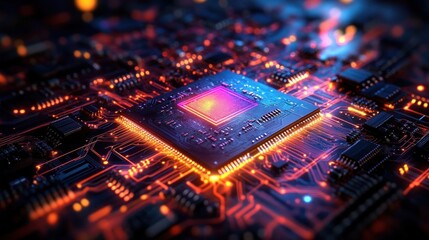 Close-up view of a glowing central microchip on an electronic circuit board with illuminated pathways and surrounding components emitting warm orange and cool blue light