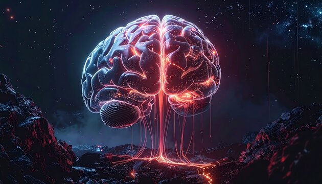 A massive, glowing red and orange digital brain is rooted in a dark, alien landscape.