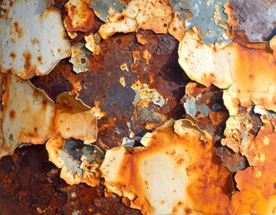 Close-up of peeling paint on rusted metal surface creating a textured background
