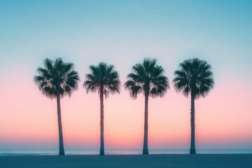 Obraz premium Four tall palm trees standing in a row along the beach with a colorful pastel sunset sky and calm ocean in the background