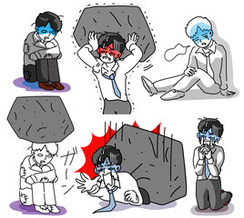 岩が頭に落ちてきて絶望し真っ白になる若手社員のベクターセットイラスト