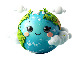 A cute and happy 3D cartoon illustration of planet Earth smiling. The adorable world character is surrounded by clouds, representing a clean environment