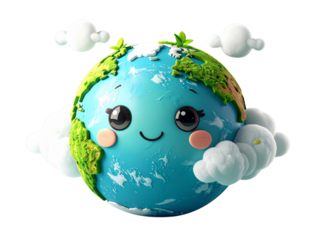 A cute and happy 3D cartoon illustration of planet Earth smiling. The adorable world character is surrounded by clouds, representing a clean environment
