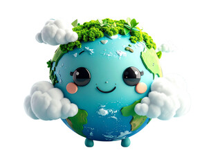 Adorable smiling cartoon Earth planet character with green moss hair and fluffy clouds, a cute kawaii globe for environmental concepts