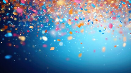 Colorful confetti falling against a bright blue background with sparkling bokeh lights creating a festive and joyful atmosphere