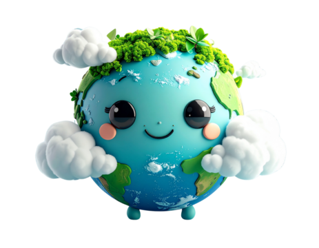 Adorable smiling cartoon Earth planet character with green moss hair and fluffy clouds, a cute kawaii globe for environmental concepts