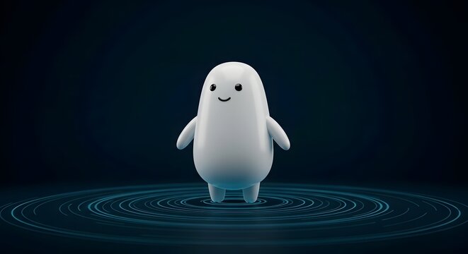 White 3D character smiles on glowing tech rings radiating futuristic charm friendly energy and clean minimalist digital vibes