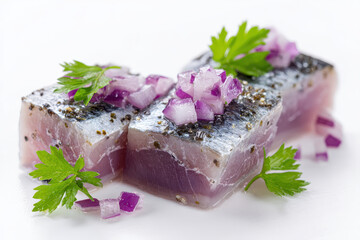 Slices of marinated fish topped with diced red onion and garnished with fresh parsley on white background. presentation is fresh and appetizing