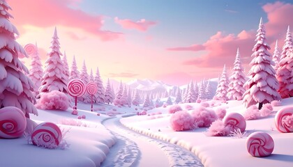Whimsical candy land scene with snowy trees and a pink sky