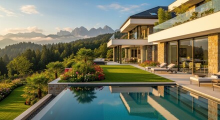 Fototapeta premium Luxurious modern villa with an infinity pool overlooking a mountain range and lush landscape