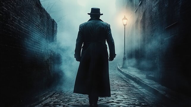 A solitary figure wearing a long coat and hat walking down a foggy cobblestone alley illuminated by a vintage street lamp, evoking a mysterious and eerie atmosphere
