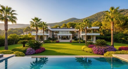 Fototapeta premium Luxurious modern home, with a pool, garden, lawn, and palm trees, under sunny skies