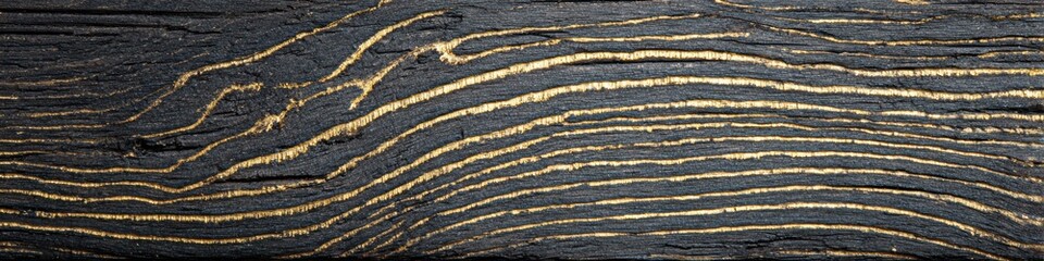 Detailed Design of Black Wood Grain With Gold Highlights Showcasing Natural Patterns and Textures Under Soft Lighting