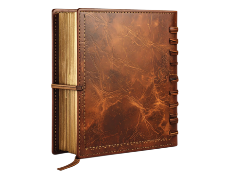 A vintage-style handcrafted brown leather journal with a rustic distressed cover and stitched binding, isolated on a white background