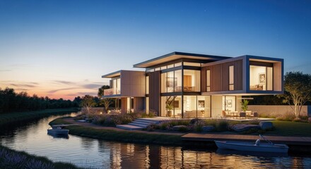 Obraz premium Modern waterfront home at dusk, featuring large windows, soft lighting, and boat