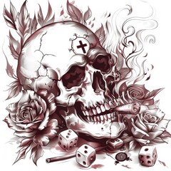 Artistic Skull Illustration with Roses, Dice, and Smoke in Monochrome Design